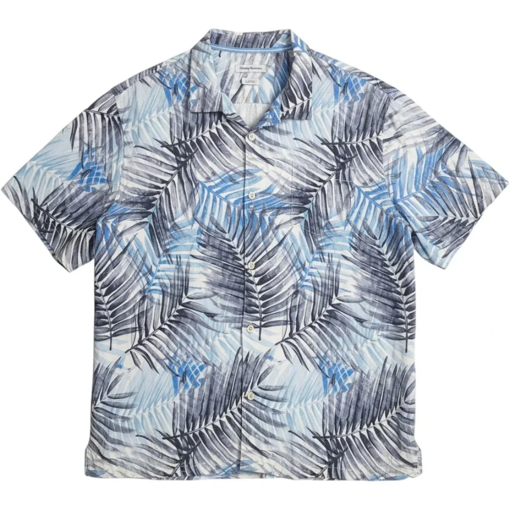 Tommy Bahama Silk Camp Shirt Mens Mens 3XL Blue Tropical Palm Leaf Island Resort